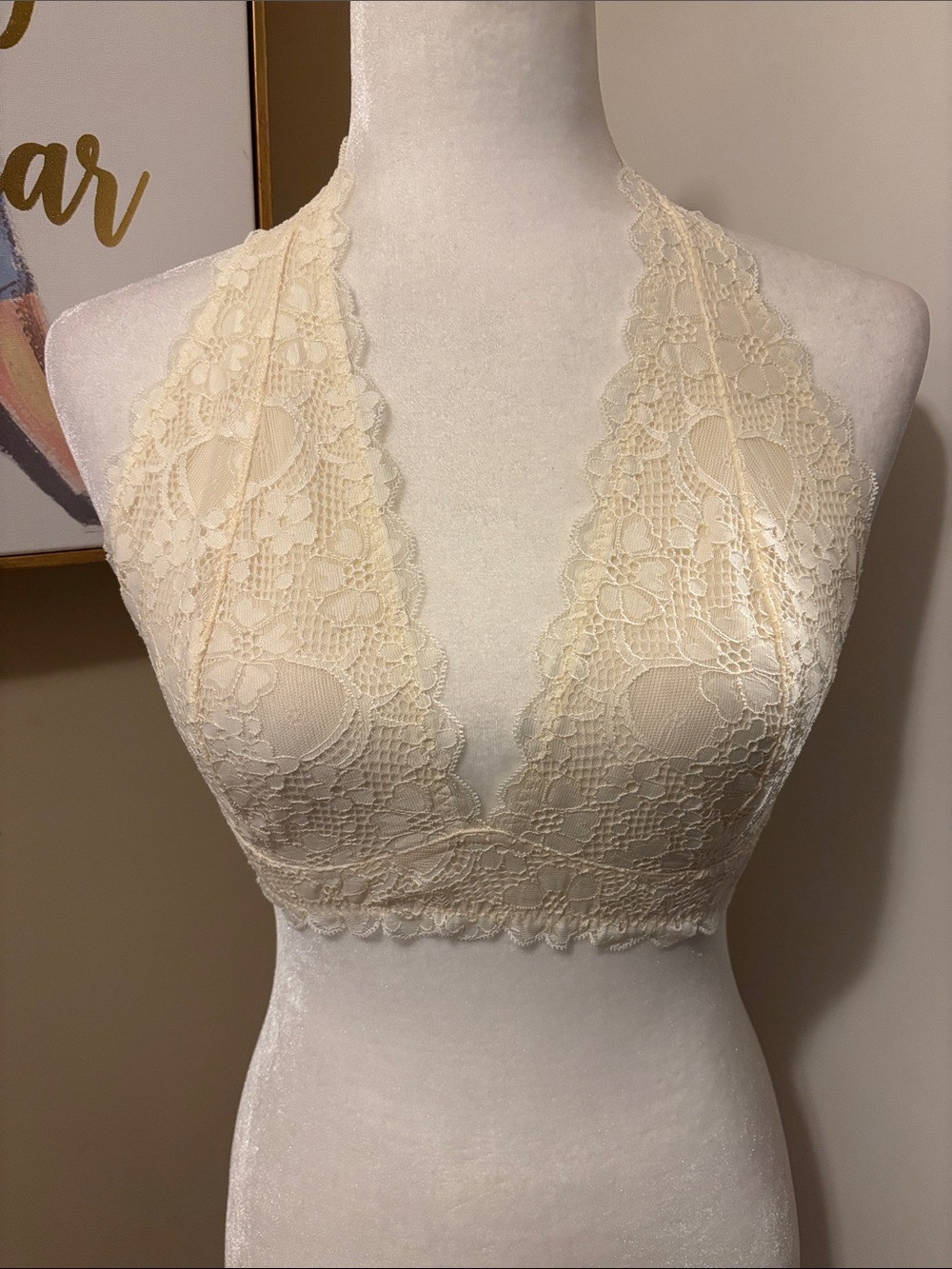 Cream Lace Halter Bralette — Soft Stretch Lace Comfort